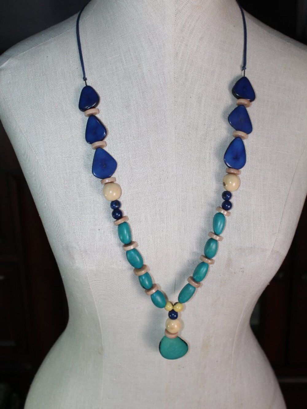Boho 32" Large Turquoise Blue Cream Beads on Adjustable Cord Necklace